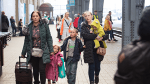 Ukrainian refugees waiting for train at Lviv station