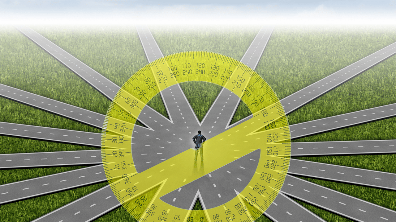 180 video -graphic rendering of man facing multiple pathways with protractor overlay indicating various options.
