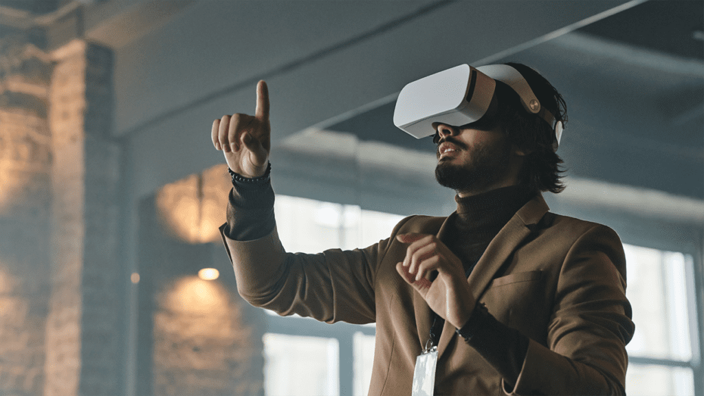The rise of immersive learning in 2023 - man in suit at work in office with VR headset