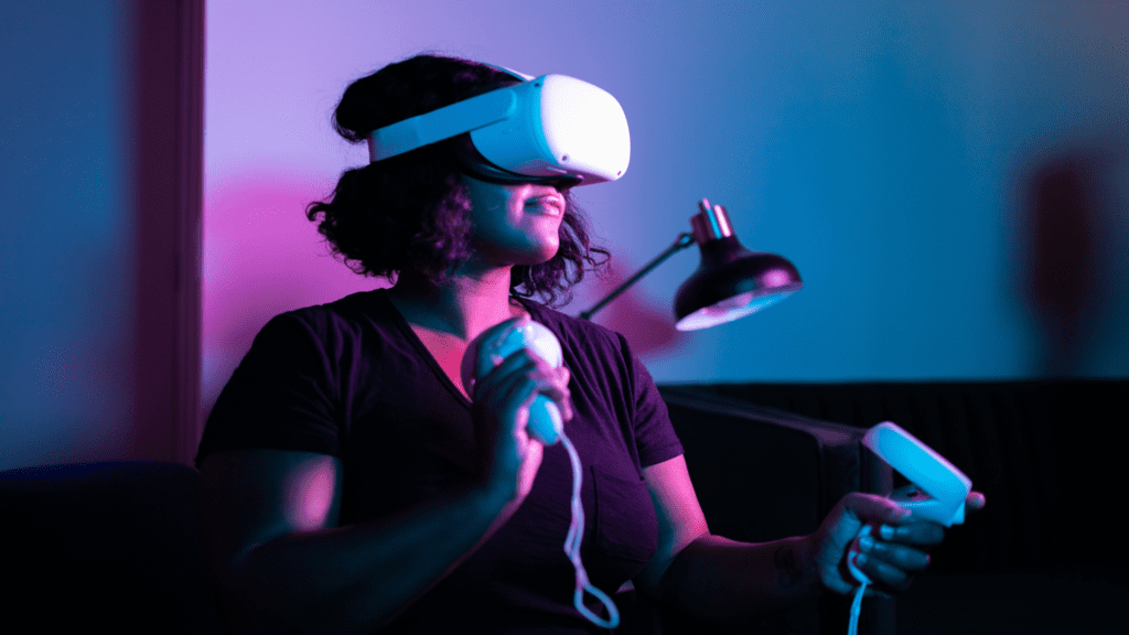 Woman with VR Headset and hand controllers