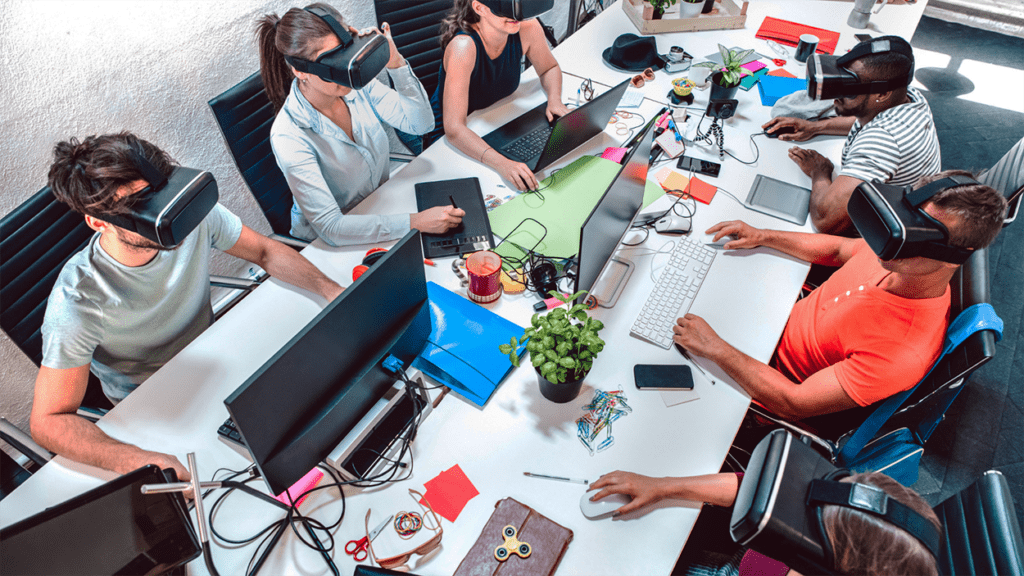 Scalability of VR - diverse office team using VR headsets