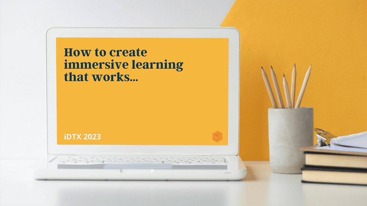 Laptop with webinar title on screen: How to create immersive learning that works