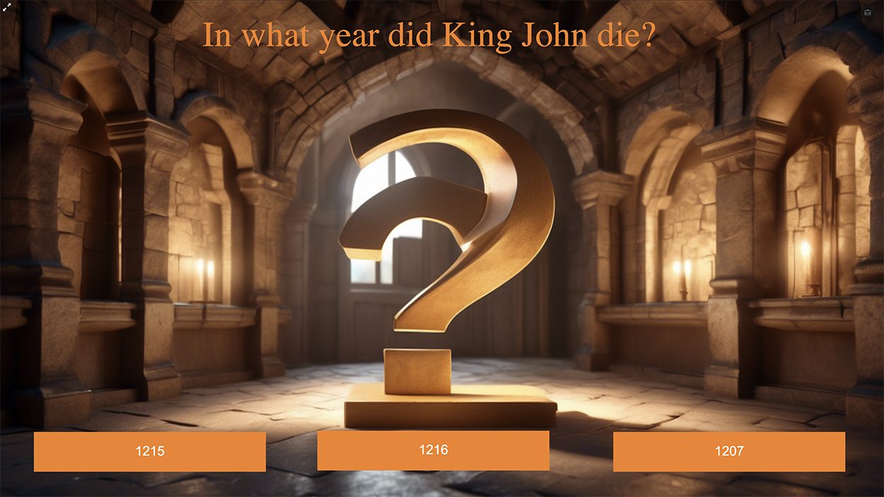 Screen shot of quiz questions used in King John revision guide
