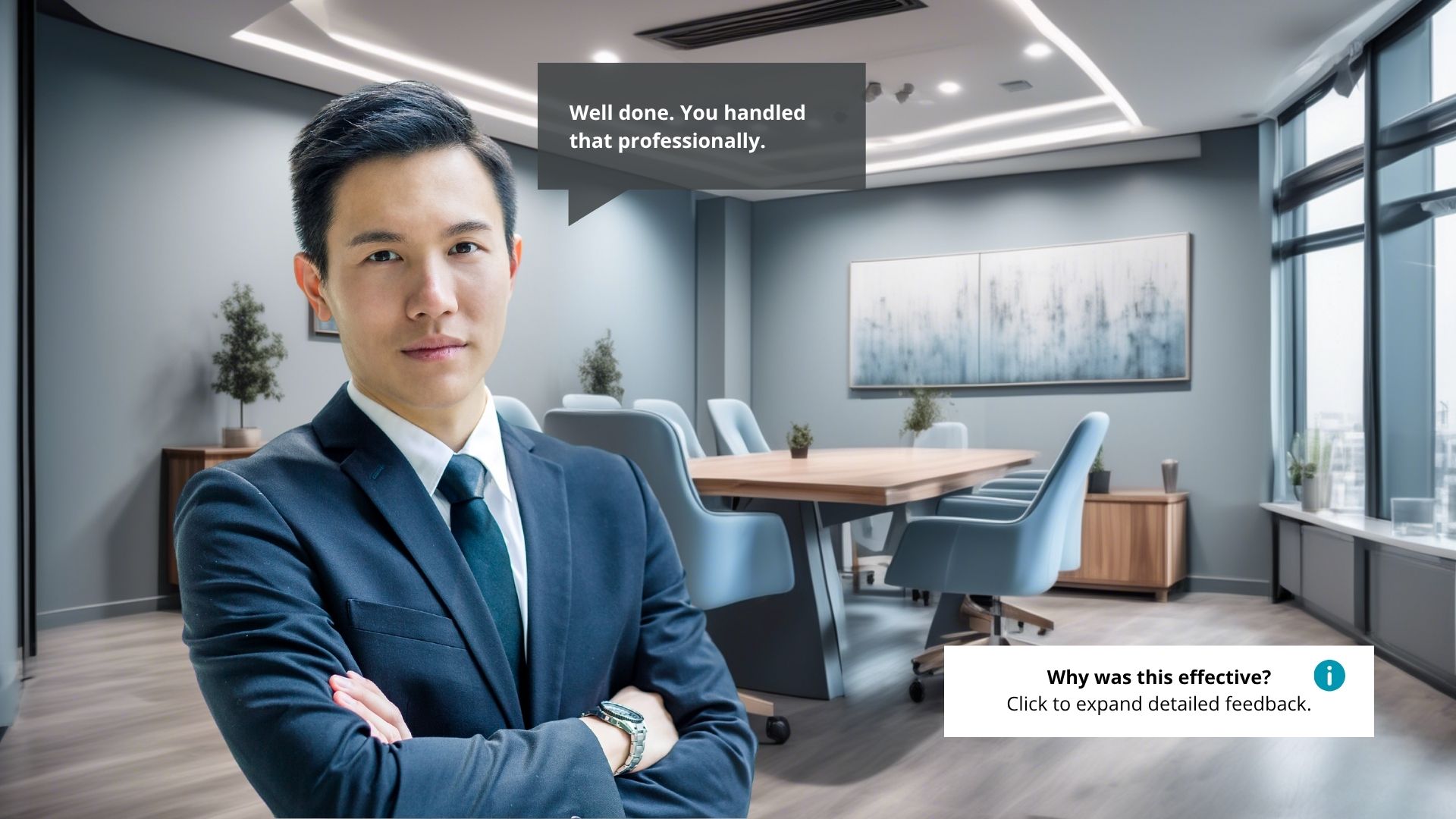 Branching scenario feedback still. A manager confirms learner has choses the correct answer. An information box for more detail on why this was the correct choice offers learners control over how much they want to dive into reflection.