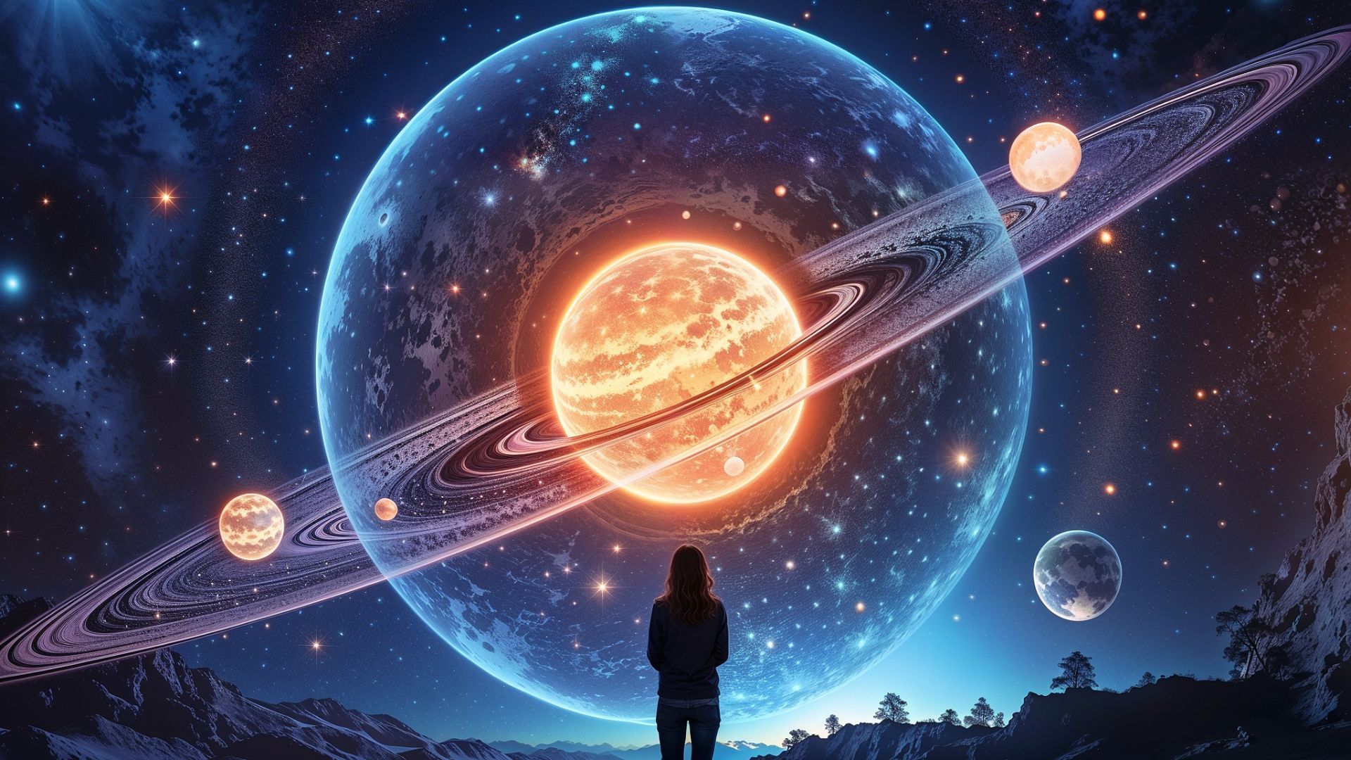 A woman stands in front of a large projection of Saturn and the solar system.