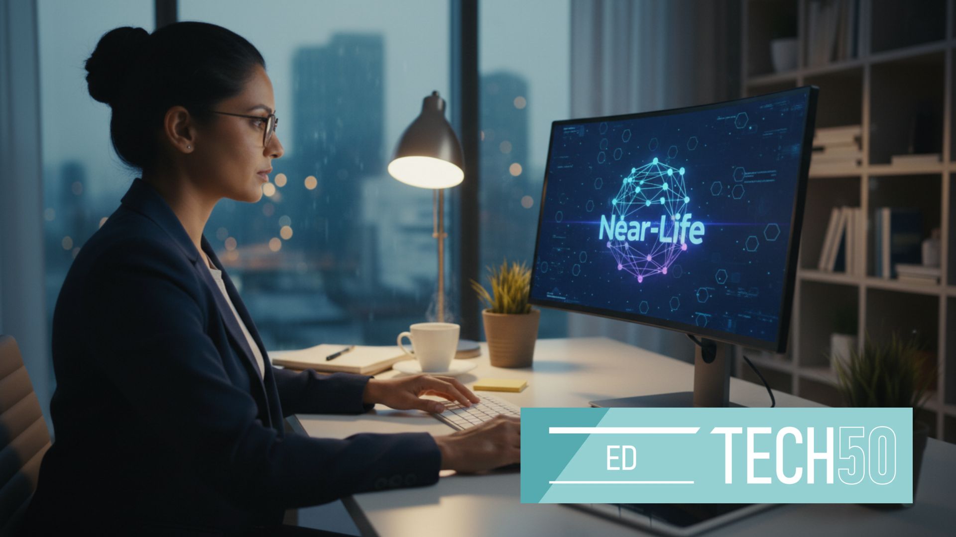 Woman at computer with Near-Life on the screen and the EdTech50 banner in the bottom right hand corner.