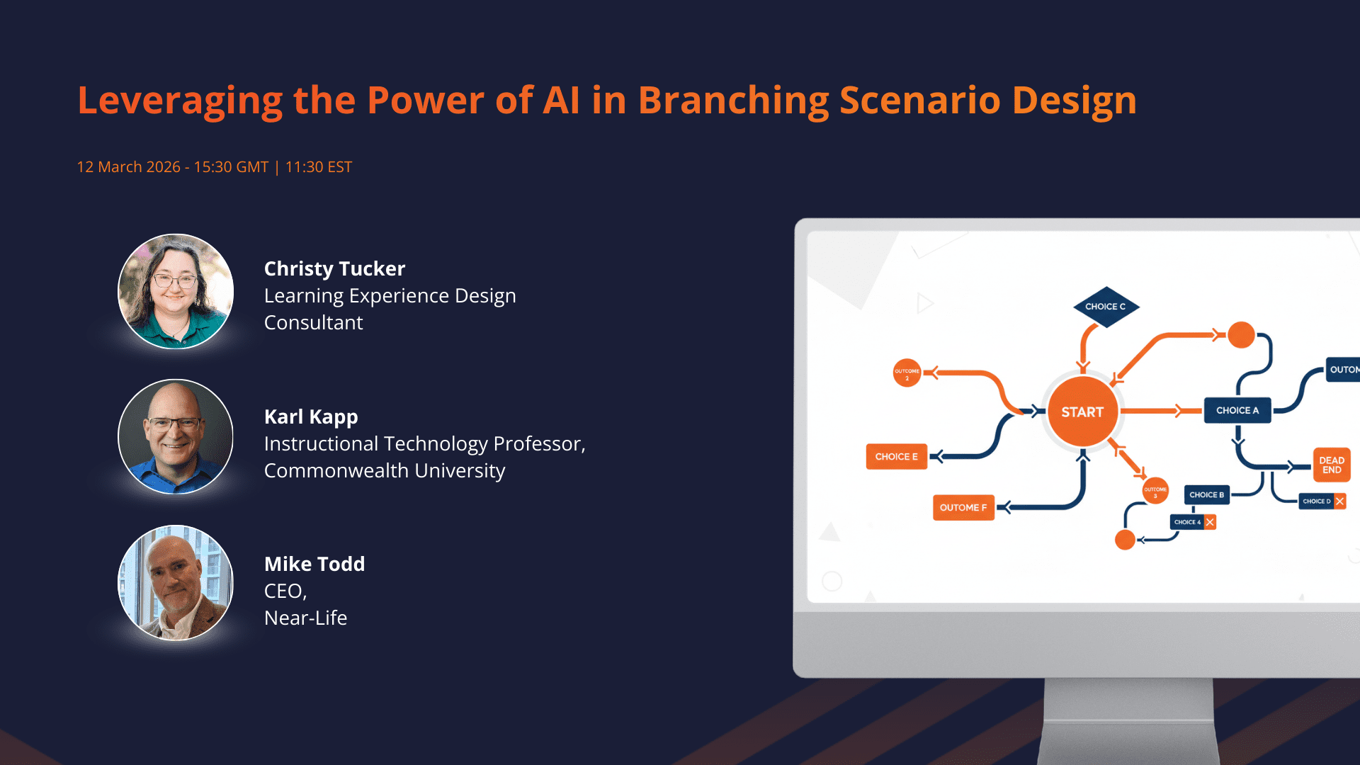 Webinar banner with speaker thumbnails. Text: Leveraging the Power of AI in Branching Scenario Design