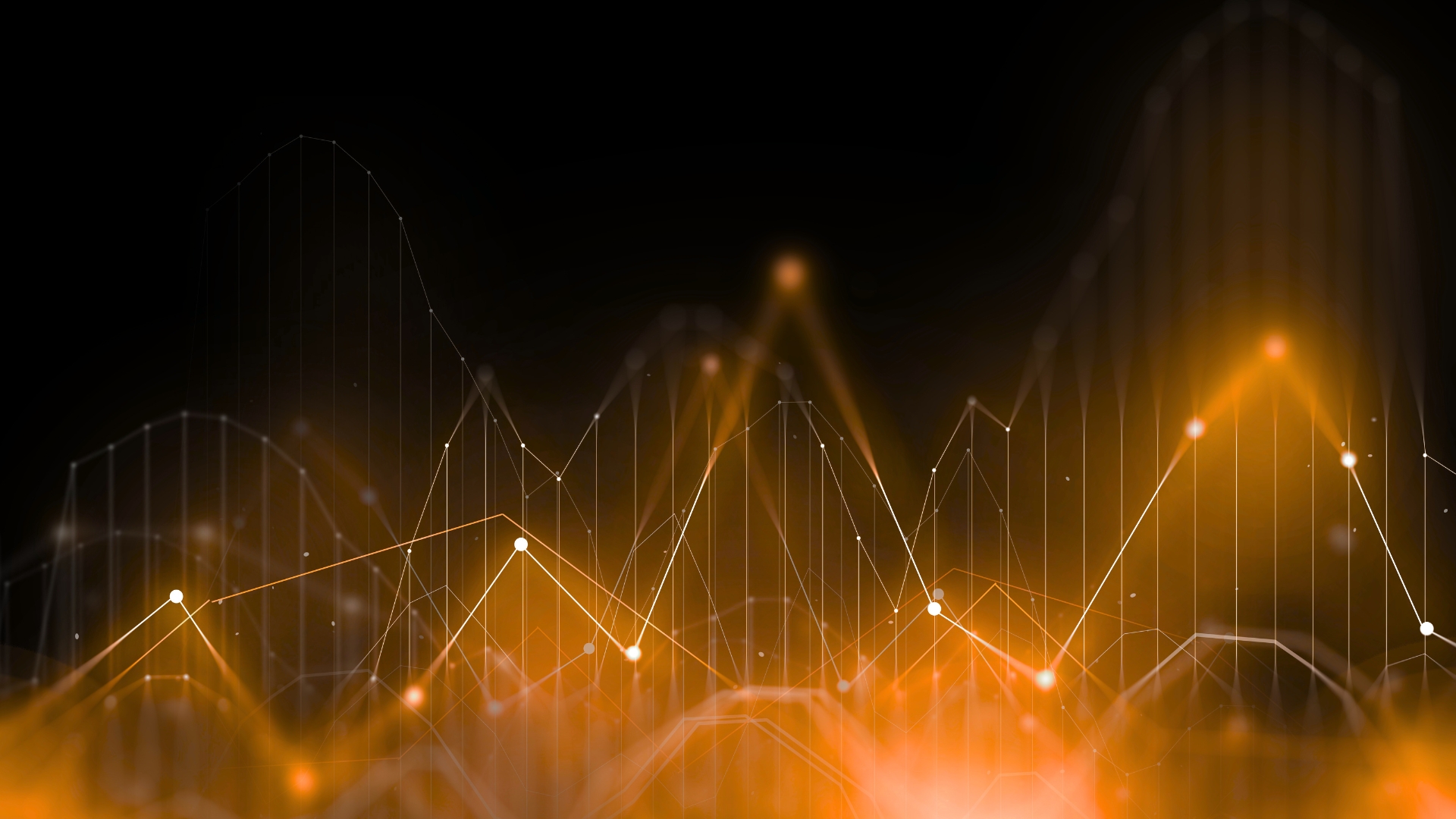 Abstract layered dot graphs glowing orange against a black background. No specific data is shown.