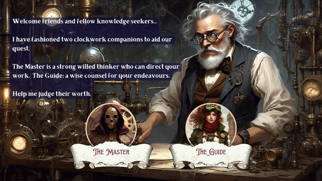 Steampunk style image of Professor asking viewer to choose between two of his creations: The Master or The Guide.