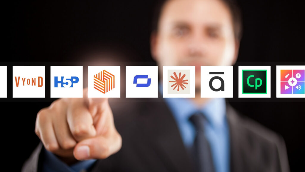 A blurred man in a suit against a dark background points towards the camera at floating authoring tool logos. His finger selects the Near-Life logo.