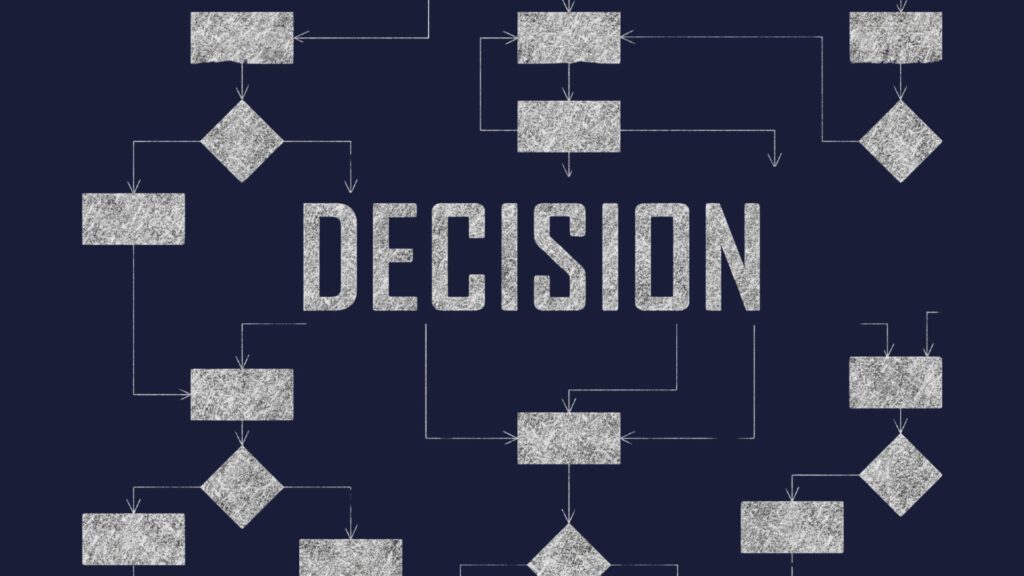 Branching map on dark blue background with text in white chalk in all capital letters: DECISION