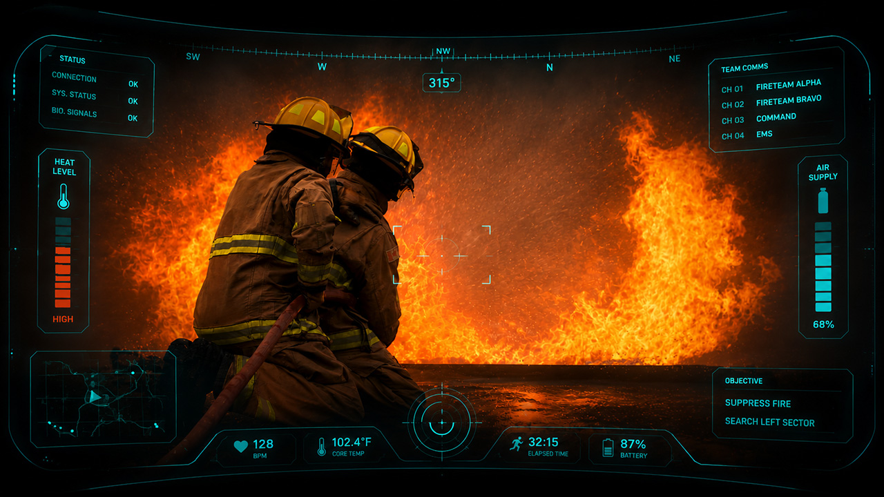 Image of two firefighters tackling a raging fire seen within a futuristic HUD-style VR display.