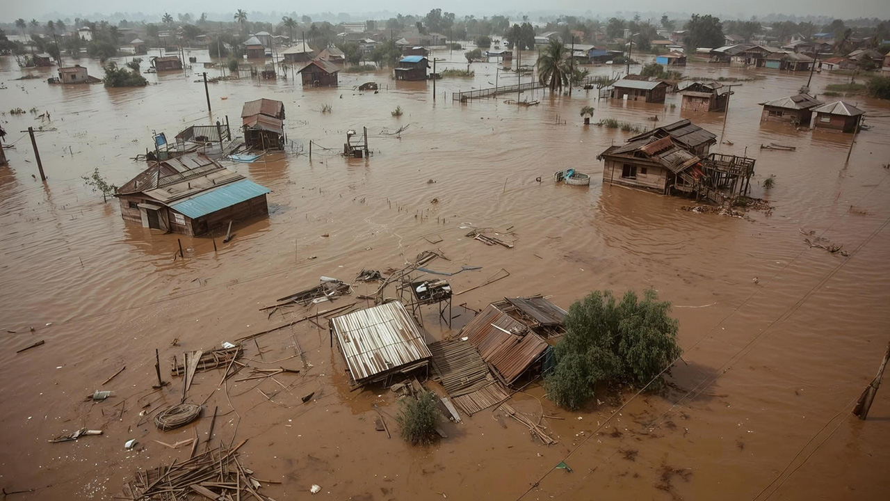 Aerial view of wide area shows houses, vehicles and other buildings under muddy water.