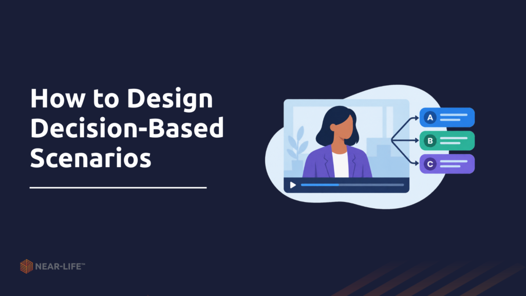 Poster image on dark blue background with white, bold text: How to Design Decision-Based Scenarios. To the right of the text is a cartoon graphic of a woman in a purple blazer within a video screen and three button choices popping out of the video screen.